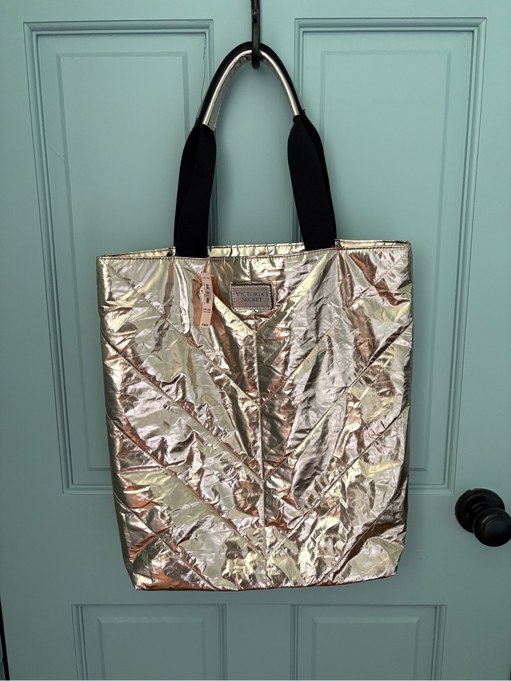 Victoria's Secret Iridescent Rose Gold Quilted Tote with Black Straps